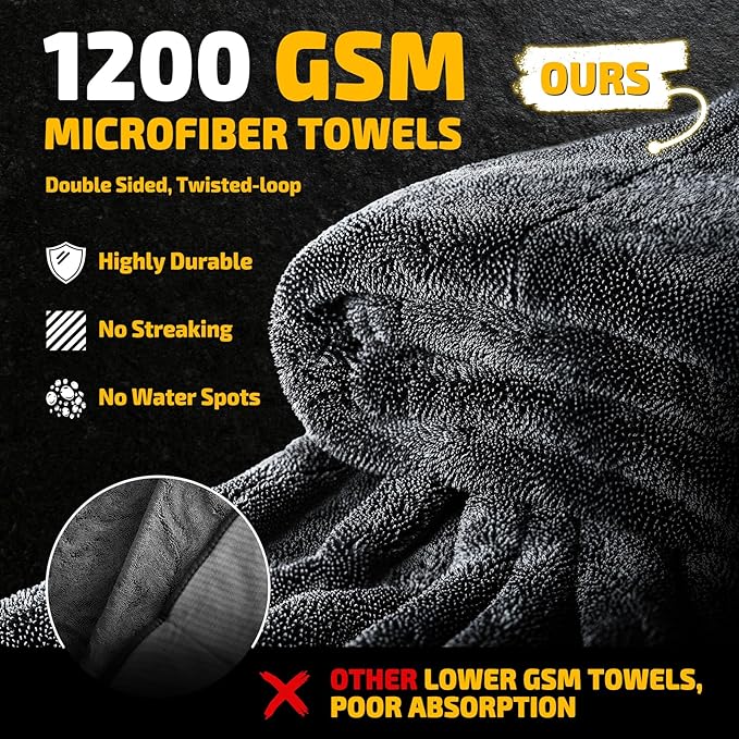1200 GSM Microfiber Towels by Add-On®. Double-sided, twisted-loop highly durable professional detailing cloth with magnified texture comparison and checkmarks.