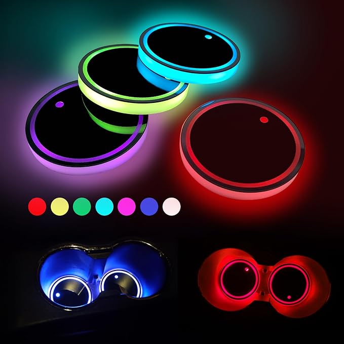 4pcs LED Car Cup Lights – Waterproof, 7-Color, USB Rechargeable