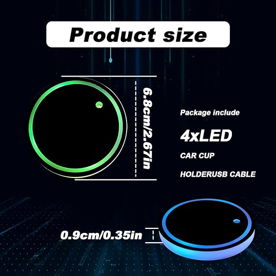 4pcs LED Car Cup Lights – Waterproof, 7-Color, USB Rechargeable
