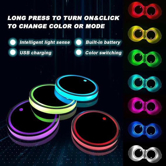 4pcs LED Car Cup Lights β Waterproof, 7-Color, USB Rechargeable