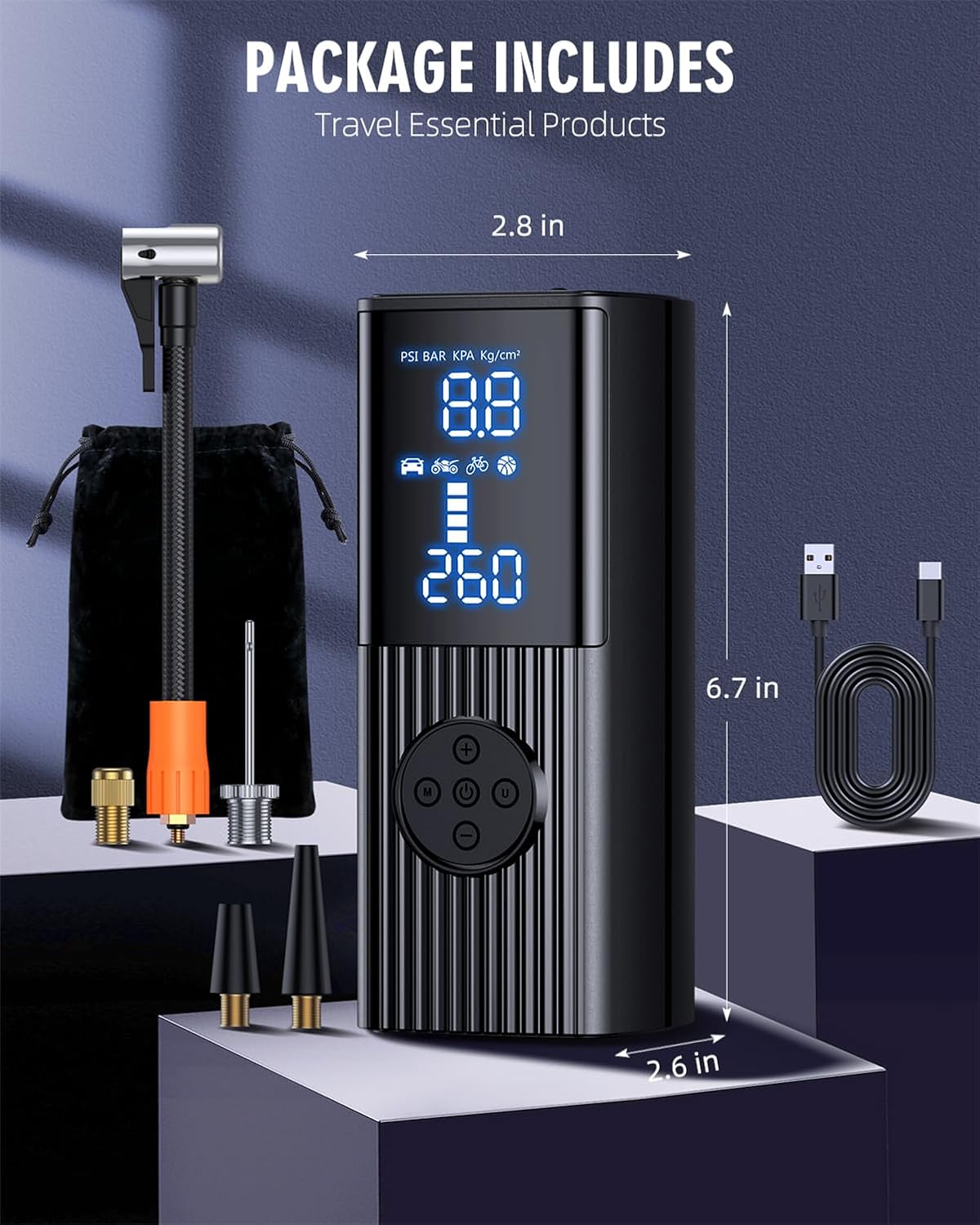 Portable Tire Inflator β 180PSI, 20000mAh, Fast Inflation, LCD Display