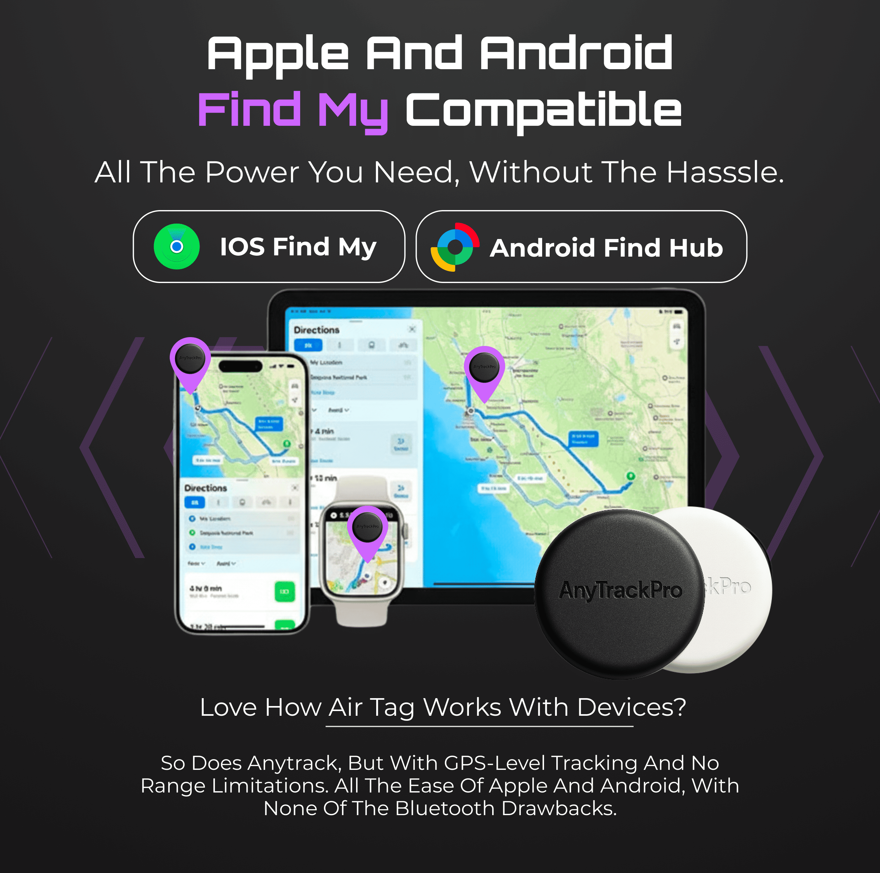 Add On Design - Apple Find My and Android Find Hub compatible GPS tracker by AnyTrack Pro®. Versatile tracking solution with "Find My" icon on iPhone and tablet screens, works like AirTag for car security.