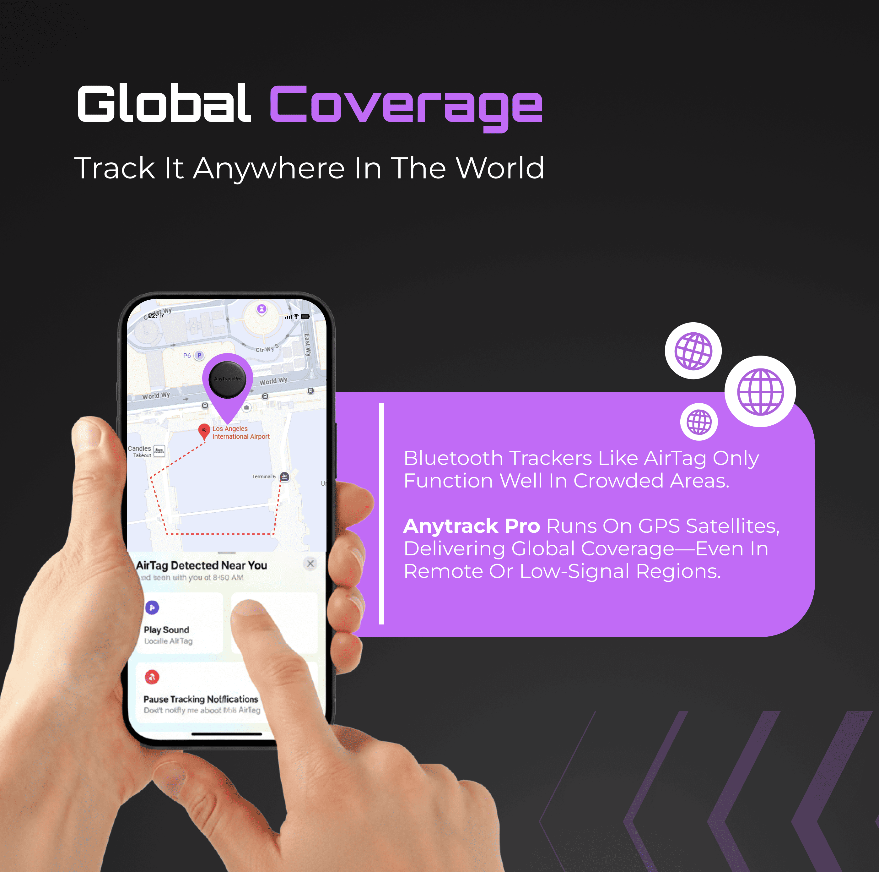 Add On Design - Global GPS tracking coverage works worldwide. AnyTrack Pro® delivers global monitoring even in remote or low-signal regions, comparing standard Bluetooth trackers like AirTag with map graphic.