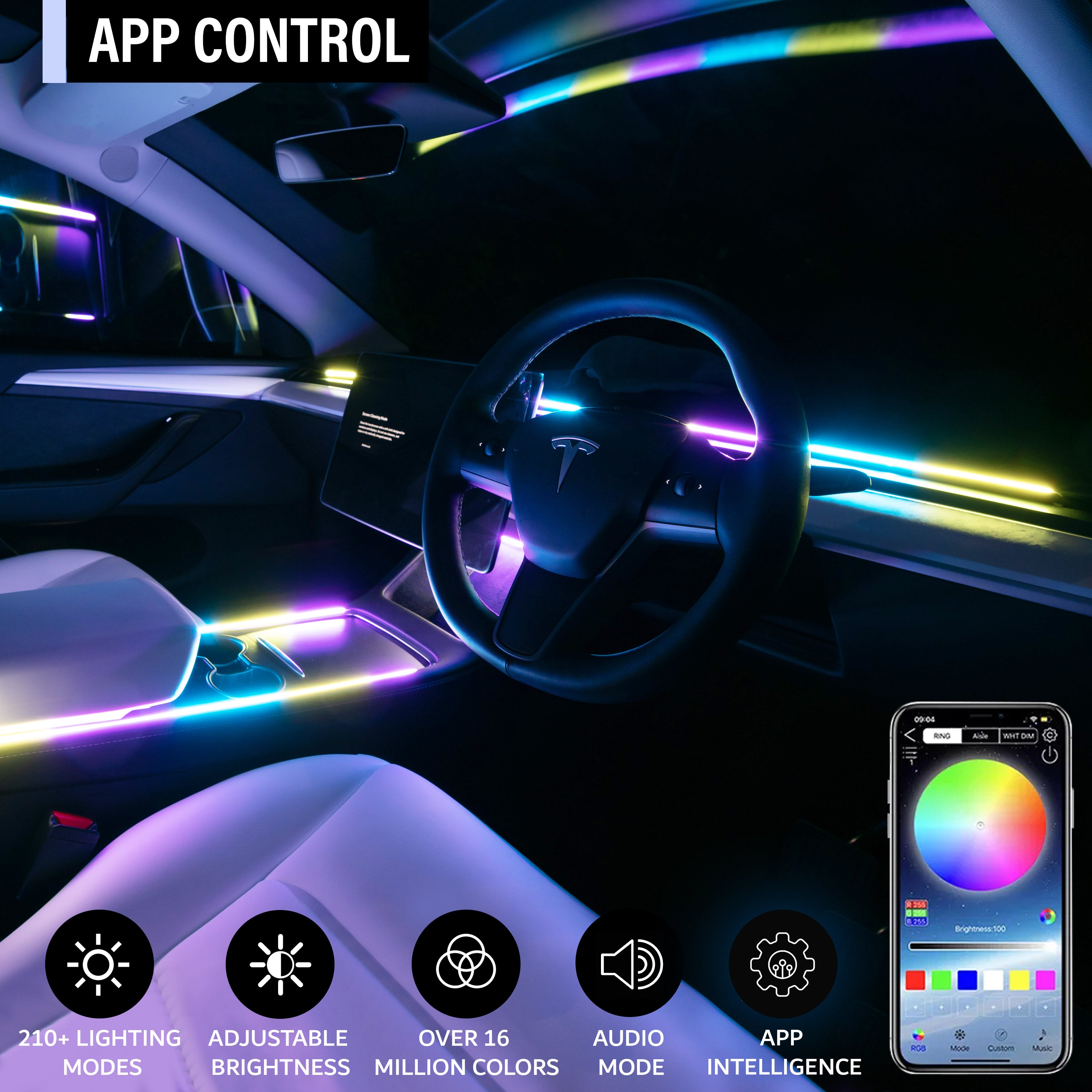 Smart App control for Tesla Dreamcolor LED with over 16 million colors. Features 210+ lighting modes, adjustable brightness, and audio sync mode for personalized interior lighting.