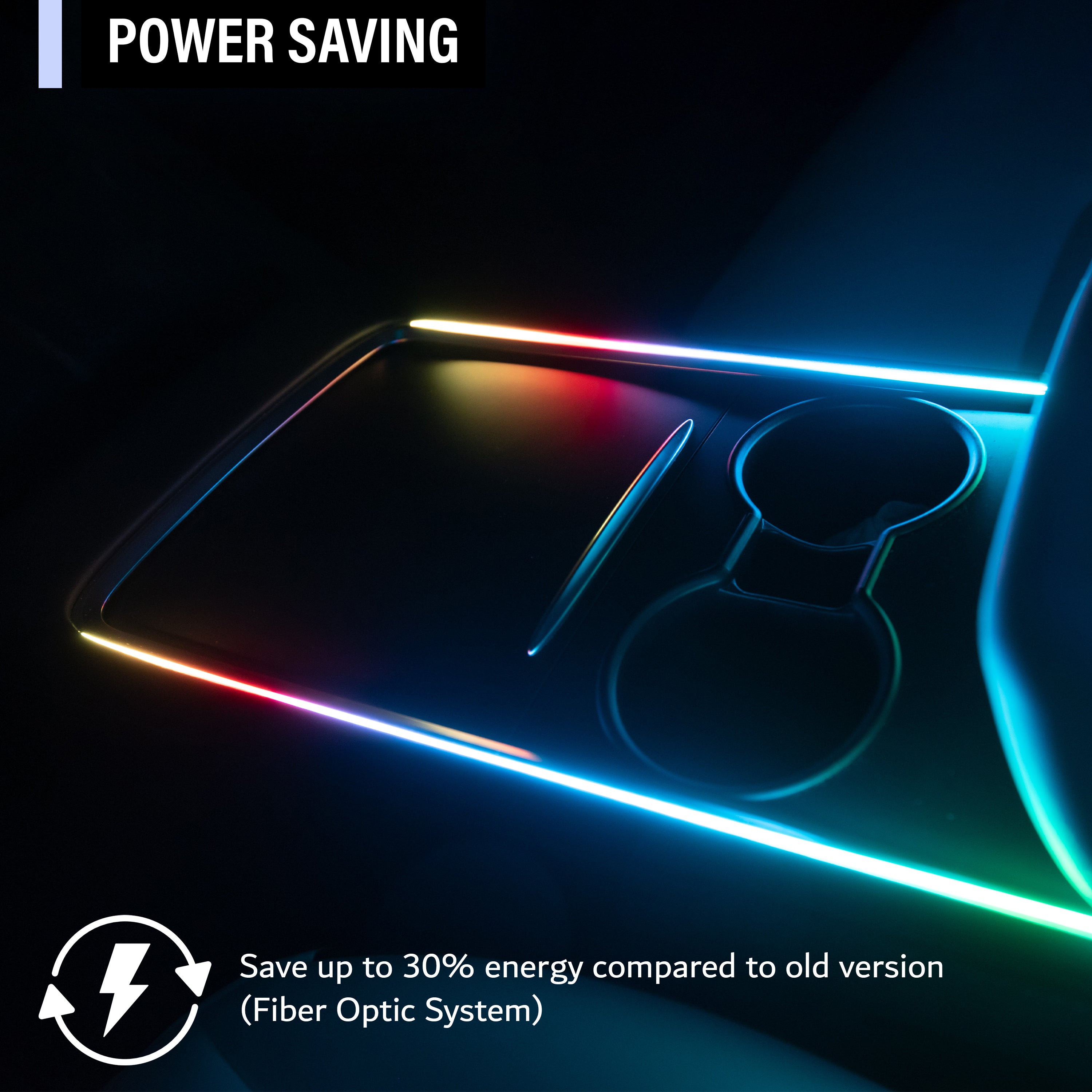 Energy-saving Tesla Dreamcolor LED system. Save up to 30% energy compared to old fiber optic versions while providing brighter, more stable multi-color lighting for the center console.