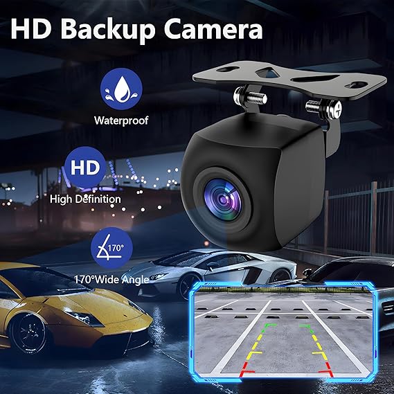 HD waterproof backup camera with 170-degree wide angle. Reverse parking assistance with night vision and colorful guide lines for car safety by Add-On® Design.