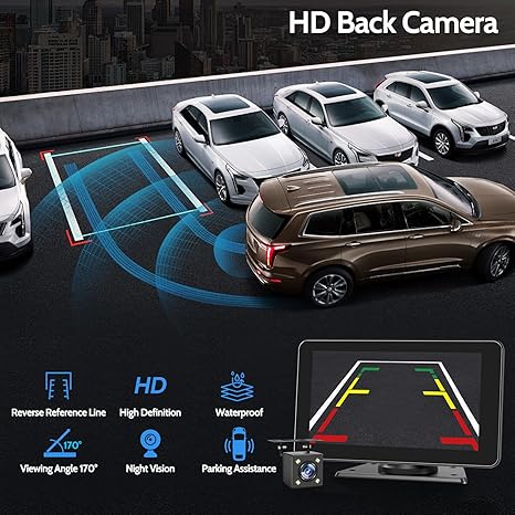 HD waterproof backup camera with 170-degree viewing angle and night vision. Professional parking assistance with reverse reference lines on the 7 inch portable display.