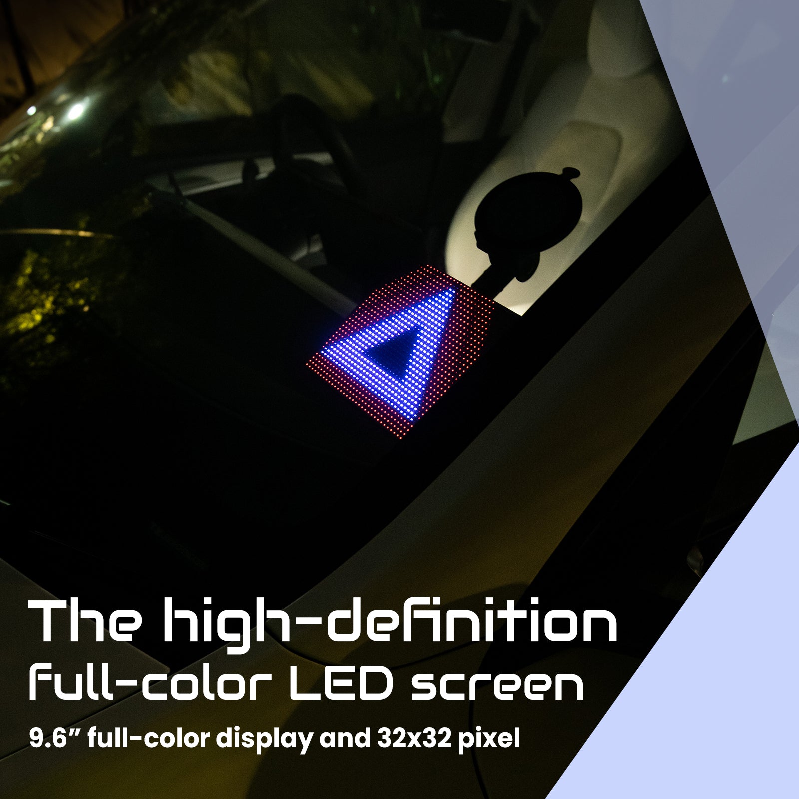 High-definition full-color LED car screen with 9.6 inch display and 32x32 pixels. Showing a bright blue warning triangle icon for enhanced night visibility and safety.
