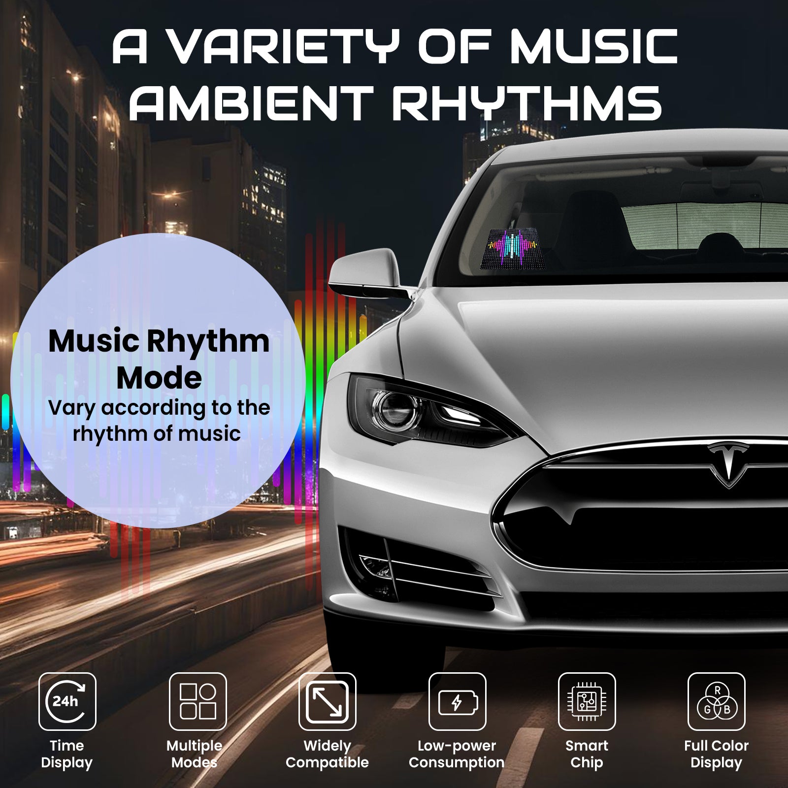 Music Rhythm Mode LED car sign with ambient rhythms. The full-color display varies according to the music rhythm, providing a smart ambient lighting experience for night driving.