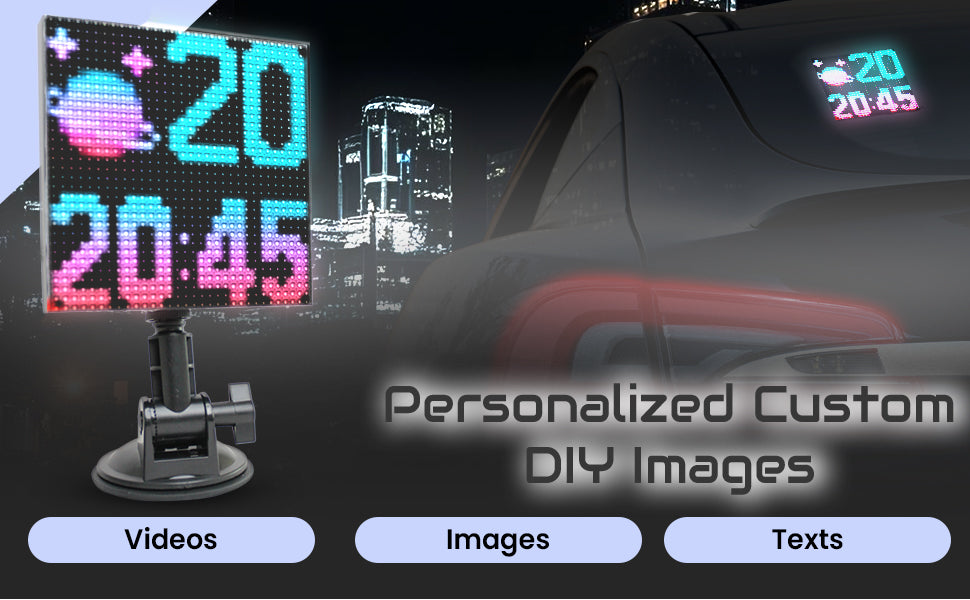 Personalized custom DIY images, videos, and texts for car LED screen. High-resolution 32x32 pixel display showing a colorful astronaut and clock pattern for car window fun.