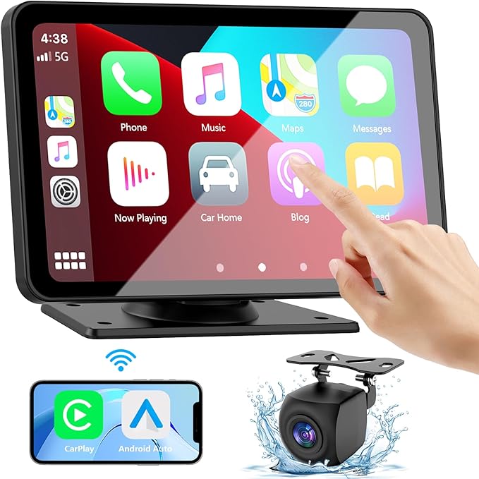 Hand touch a touchscreen car stereo interface, with Apple CarPlay and Android Auto logos, indicating the functionality of the system. Also shown is a rearview camera for the vehicle.