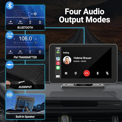 Four audio output modes for portable car display: Bluetooth, FM transmitter, AUX input, and built-in speaker. Seamlessly connect to any car stereo system for high-quality sound.