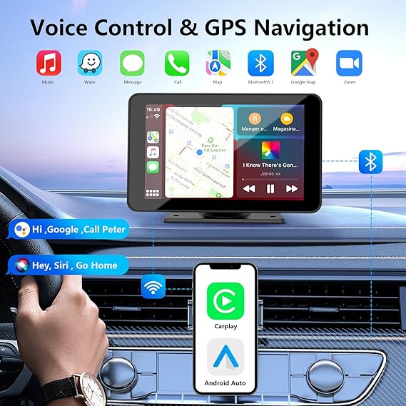 Real-time GPS navigation with Google Maps and Waze on a 7 inch portable screen. Hands-free voice control via Bluetooth 5.1 for easy car music and calling.