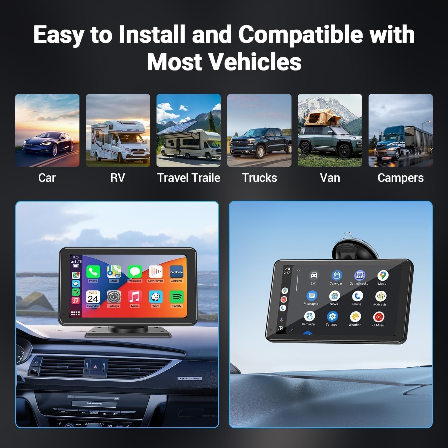 Easy to install portable car screen compatible with RV, trucks, vans, and campers. Supports dashboard or windshield suction cup mount for flexible viewing angles in any vehicle.