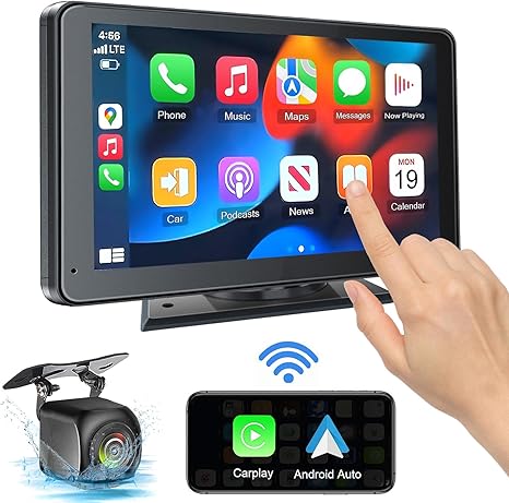 A portable car screen showing a user interface with icons for Phone, Music, Maps, and other applications, indicating compatibility with Apple CarPlay and Android Auto. The image also depicts a rearview camera with night vision and a wireless connectivity symbol, suggesting the features of the device.