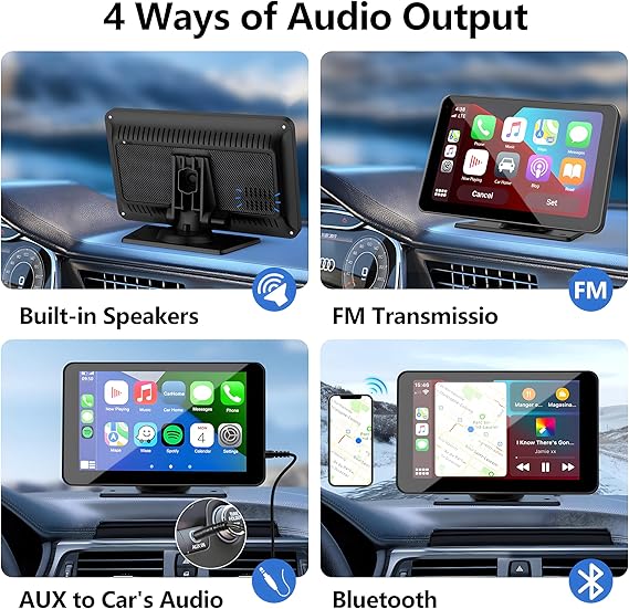 4 ways of audio output for car stereo: Built-in speakers, FM transmission, AUX to car audio, and Bluetooth. Flexible connectivity options for any vehicle sound system.