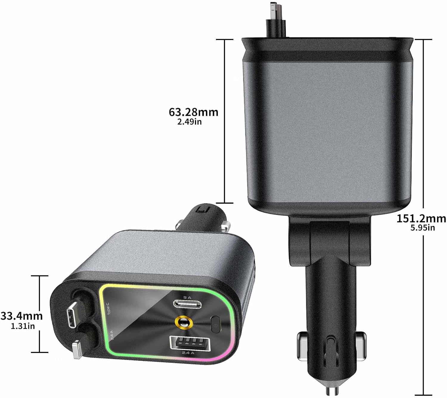 Dimensions and size specifications of the Add-On® retractable car charger. Compact design measuring 63.28mm by 151.2mm, including a 180-degree adjustable base.