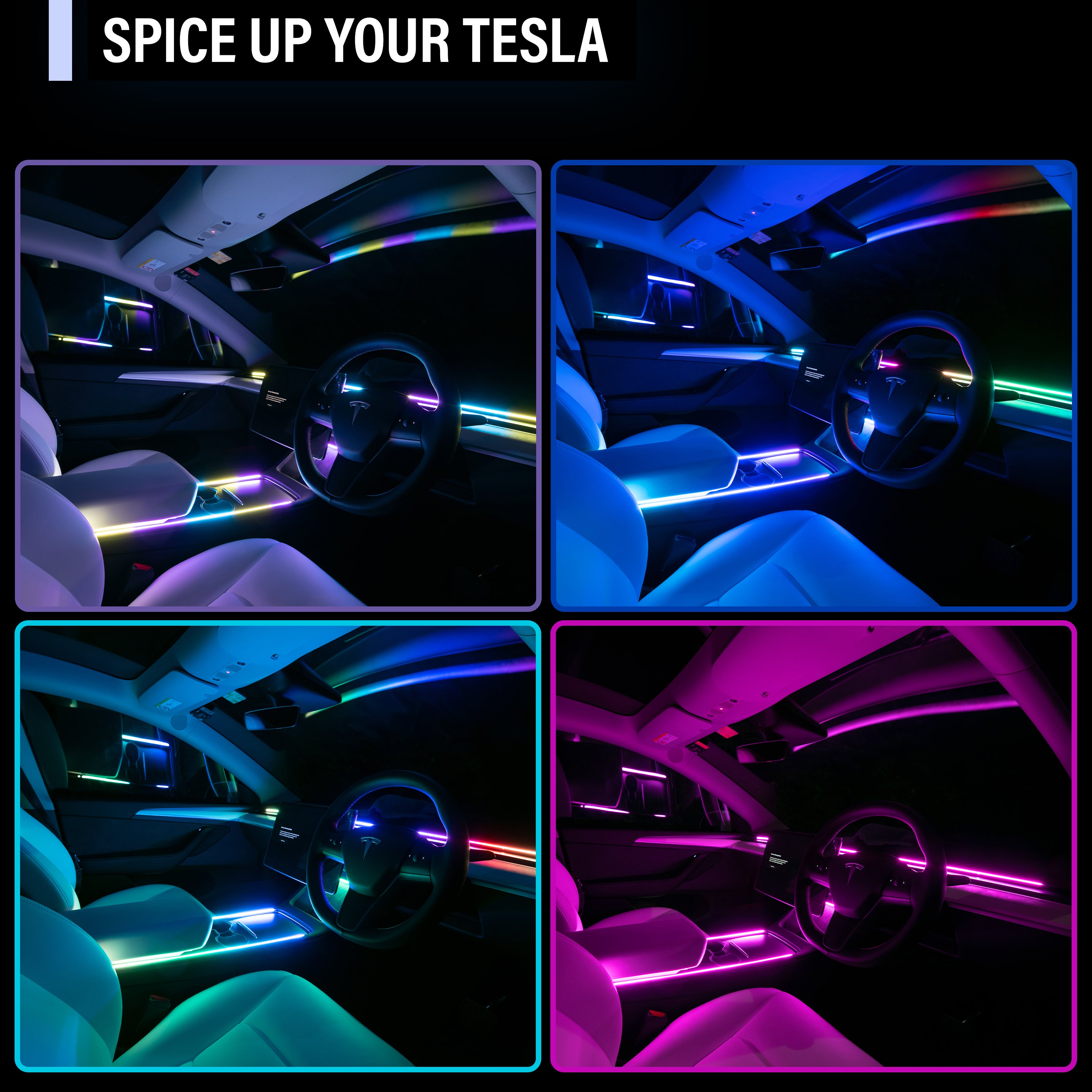 Spice up your Tesla with multi-color ambient lighting scenarios. Switch between dynamic rainbow, deep blue, cyan, and pink modes for various night driving moods.