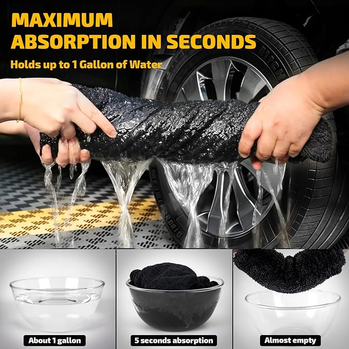 Super absorbent car drying towel holds up to 1 gallon of water. Maximum absorption in seconds shown by hands wringing the massive water from the black twisted-loop towel and bowl graphics.