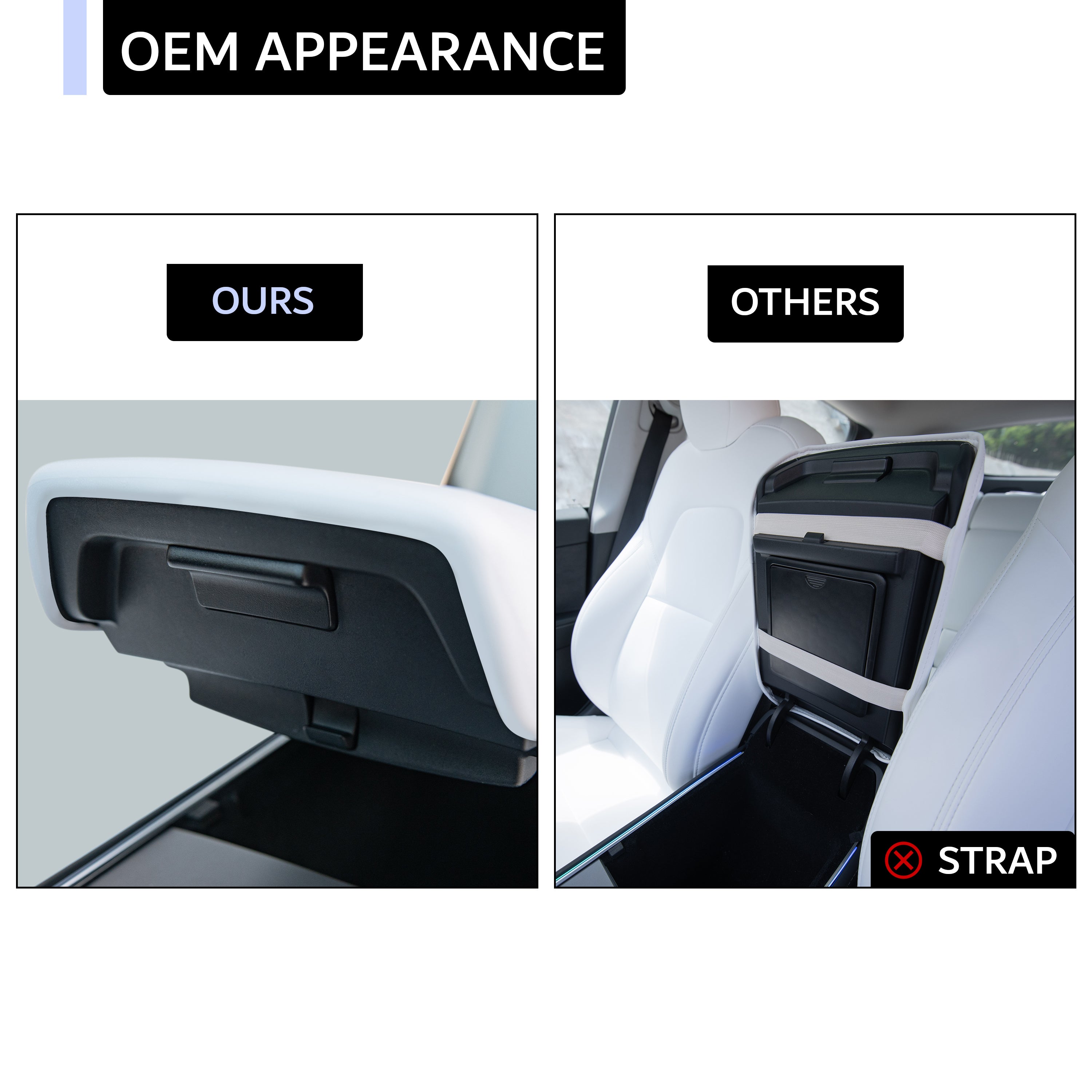 Add On Design - Tesla armrest protector with OEM appearance, no strap, installed in car interior.