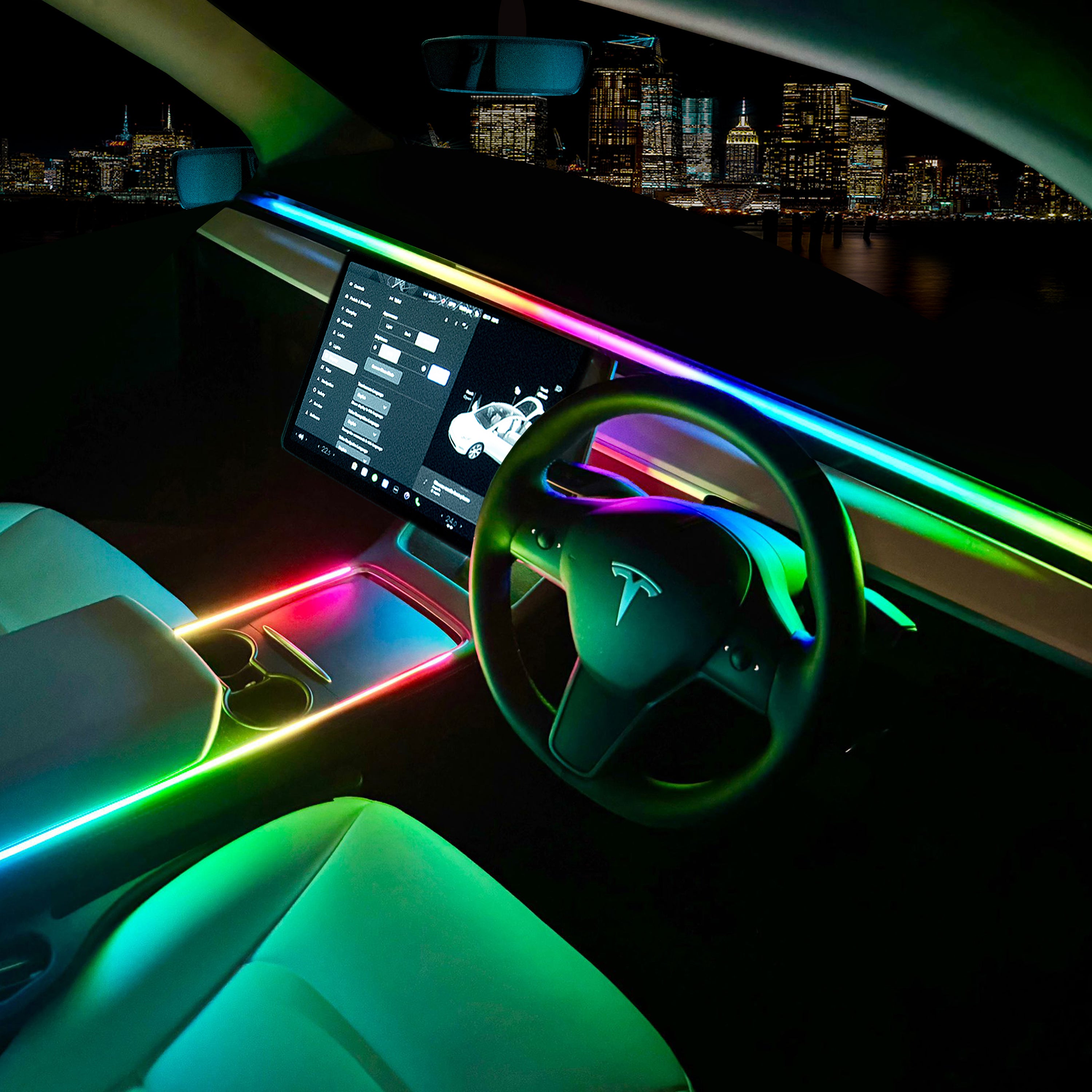 Tesla dashboard and center console featuring Add-OnÂŽ Dreamcolor LED glow. Seamlessly integrated multi-color lighting kit for a premium interior atmosphere at night.
