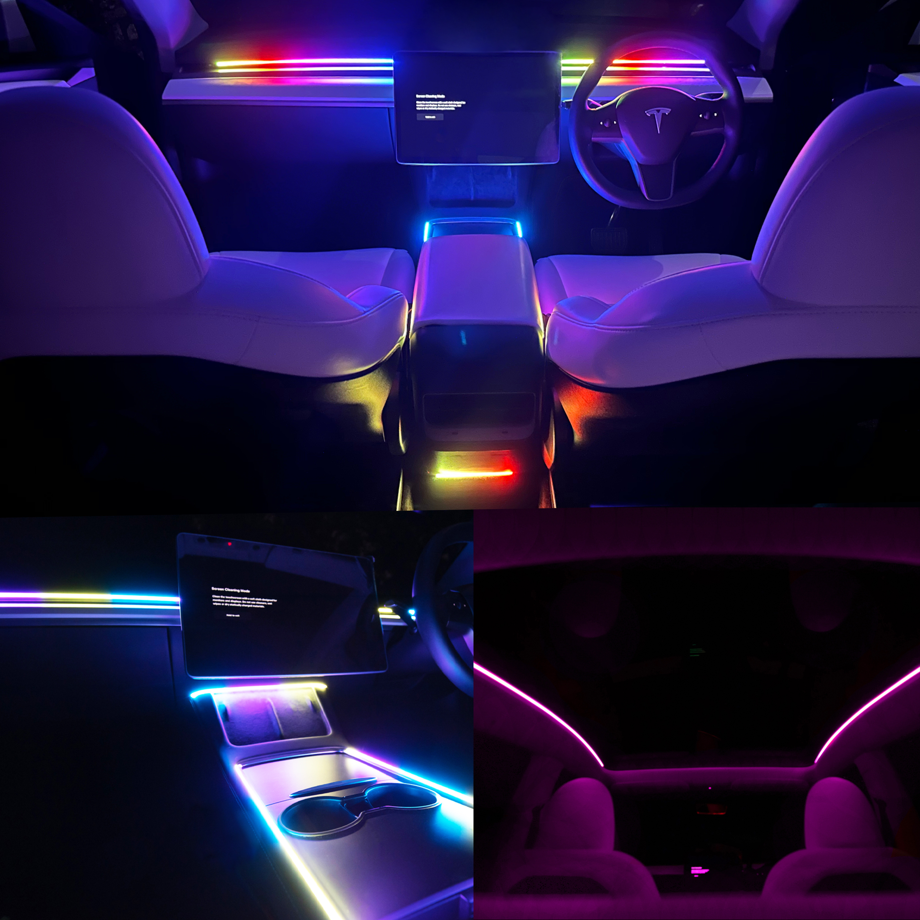 Full cabin Tesla Dreamcolor LED lighting upgrade by Add-On®. Comprehensive view from rear seat showing dashboard, center console, and panoramic roof LED light strips.