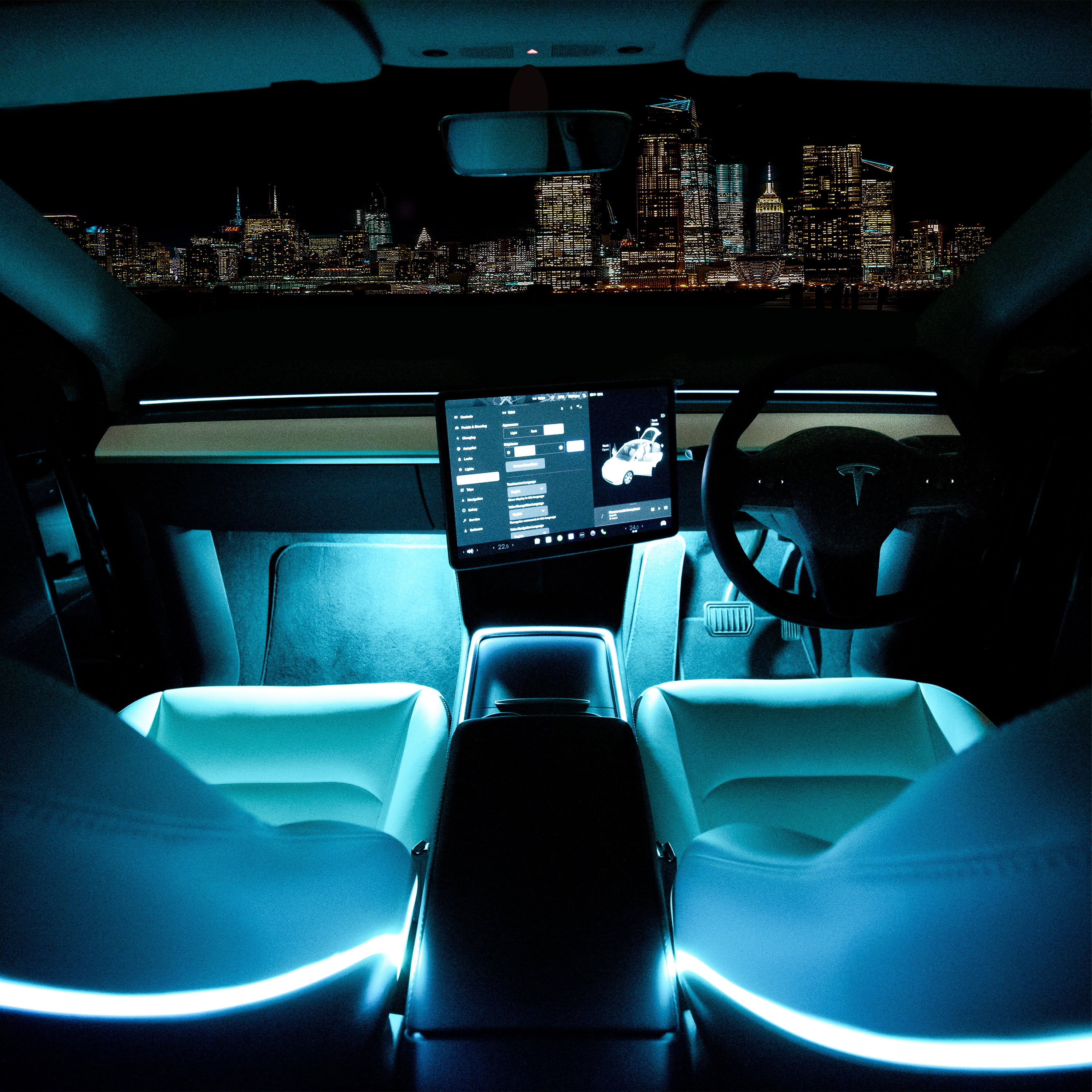 Full cabin Tesla RGB LED strip lighting for dashboard and center console. High-quality illumination that seamlessly fits the Tesla interior design for a futuristic look.