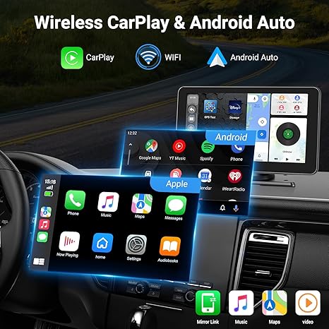 Wireless Apple CarPlay and Android Auto interface for cars. Features Mirror Link, Spotify, Google Maps, and video playback on a high-definition portable touchscreen.