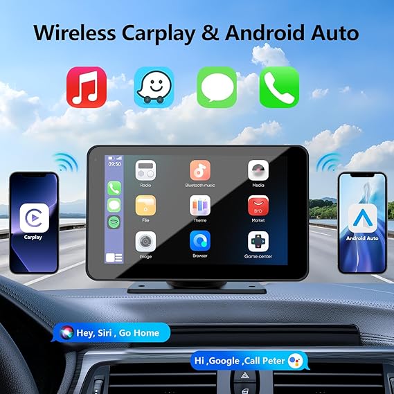 Wireless Apple CarPlay and Android Auto portable car screen. Seamless smartphone integration with Siri and Google Assistant voice control for safer driving on any dashboard.