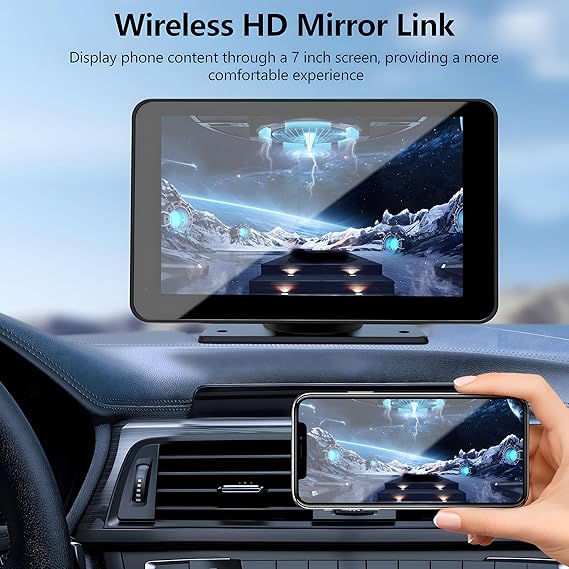 Wireless HD Mirror Link for 7 inch car display. Sync phone content including movies and games directly to the portable screen for a more comfortable entertainment experience.