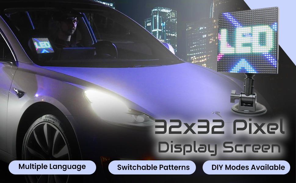 32x32 pixel custom LED sign with multiple language support. Features switchable patterns and DIY modes for a personalized car window message display by Add-On® Design.