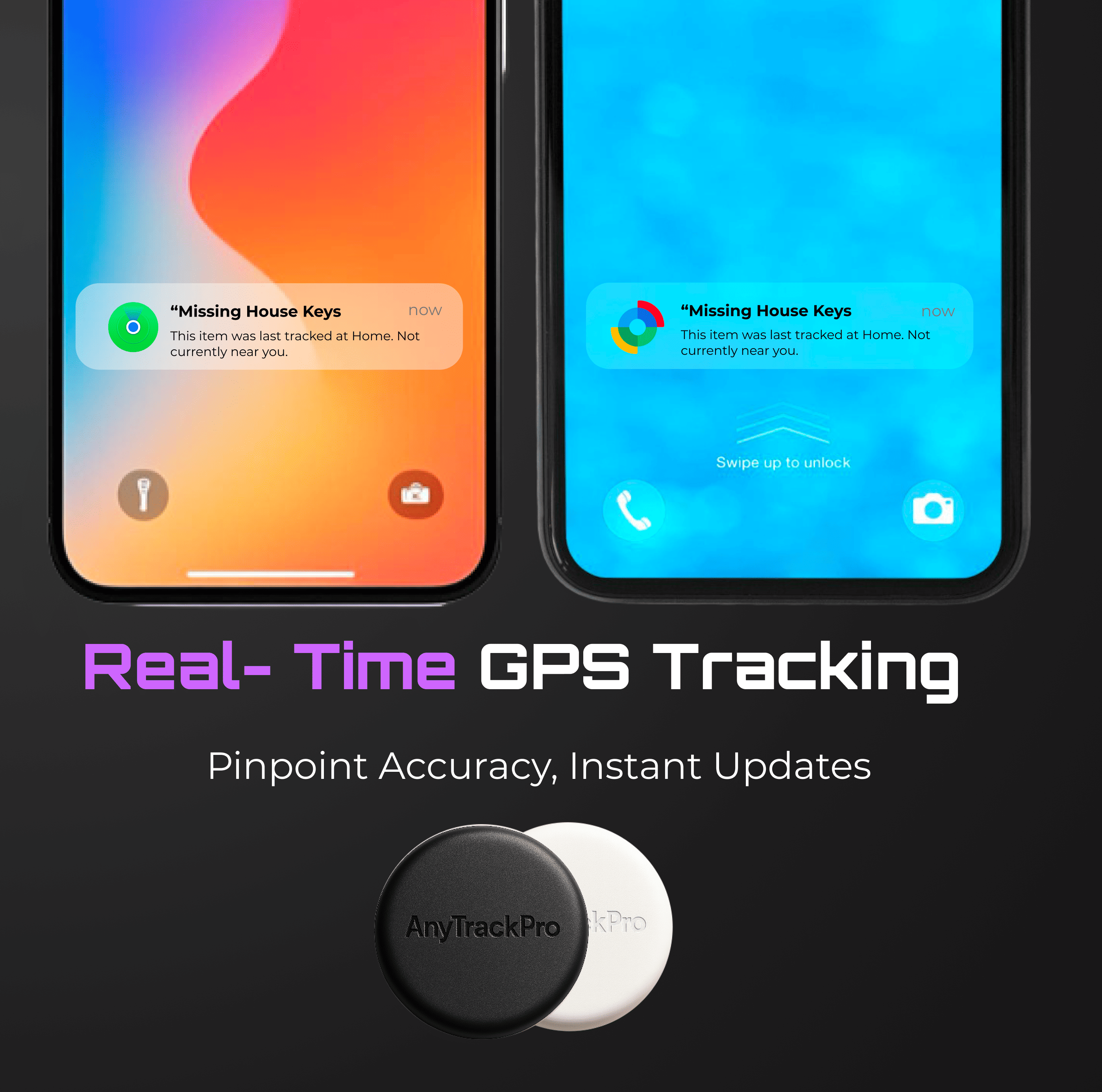 Add On Design - Real-time GPS tracking with pinpoint accuracy and instant smartphone updates. Smartphone screen showing location notifications for missing keys and Michael's car anti-theft protection.