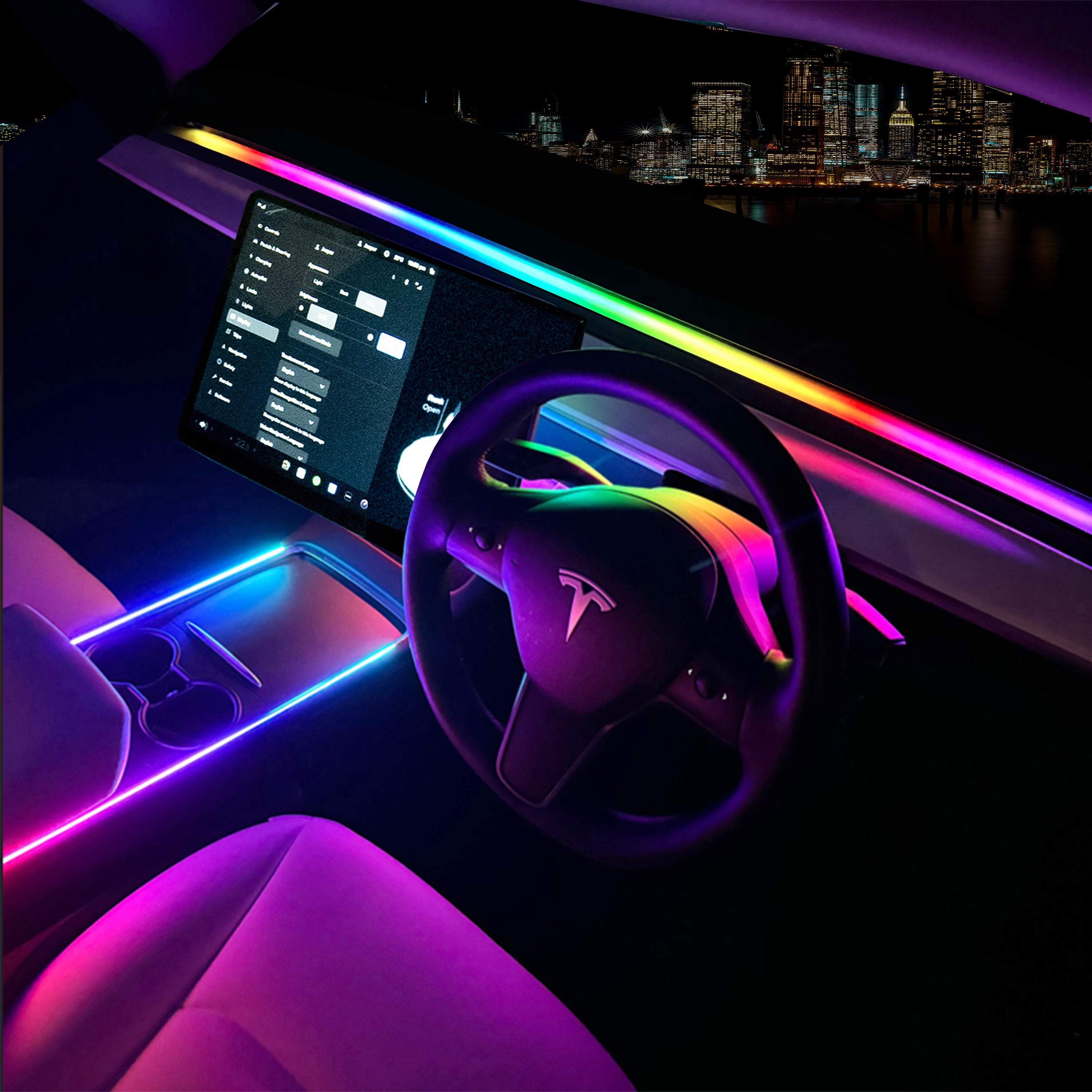 Colorful LED light strips installed inside a vehicle, illuminating the dashboard and cup holders.