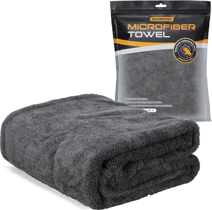 Add-On® XL Car Drying Towel. Ultra-thick 1200 GSM microfiber detailing cloth in grey color, shown alongside product packaging and glove icon.