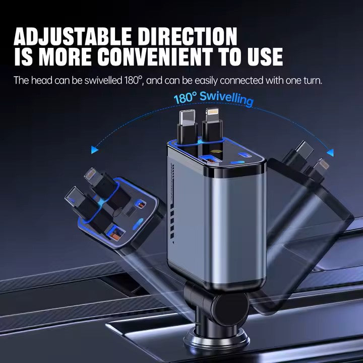 180-degree swivel retractable car charger for adjustable charging direction. Convenient and flexible head design to fit various car cigarette lighter socket positions.