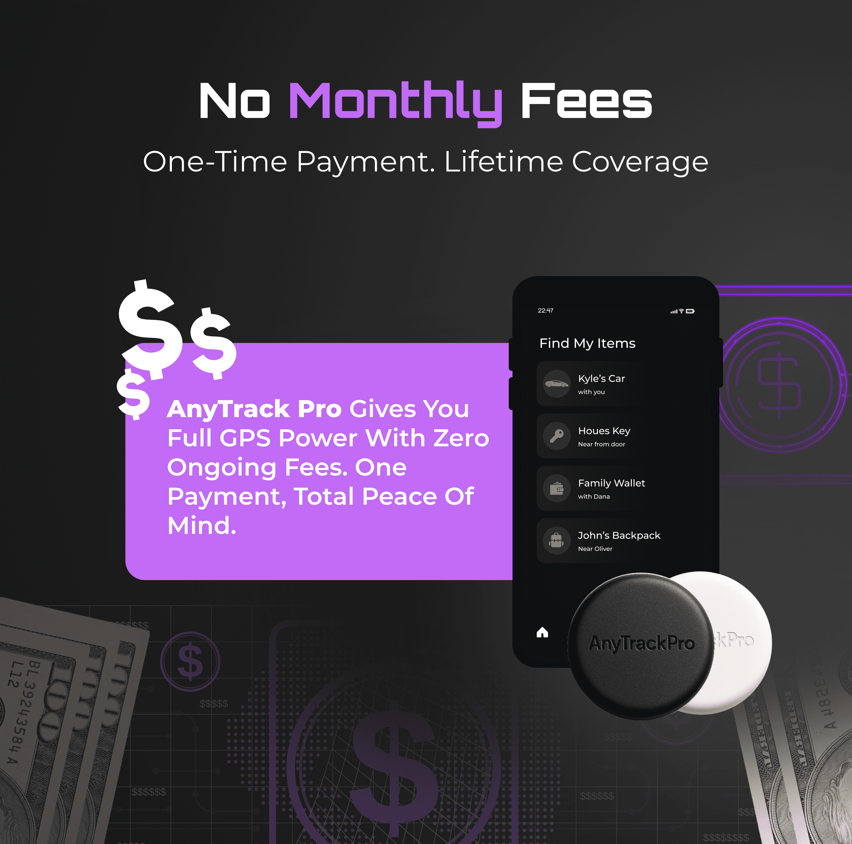 AnyTrack Pro® gives you full GPS power with zero monthly fees. One-time payment for lifetime coverage and vehicle security with dollar sign icons and cash graphic.