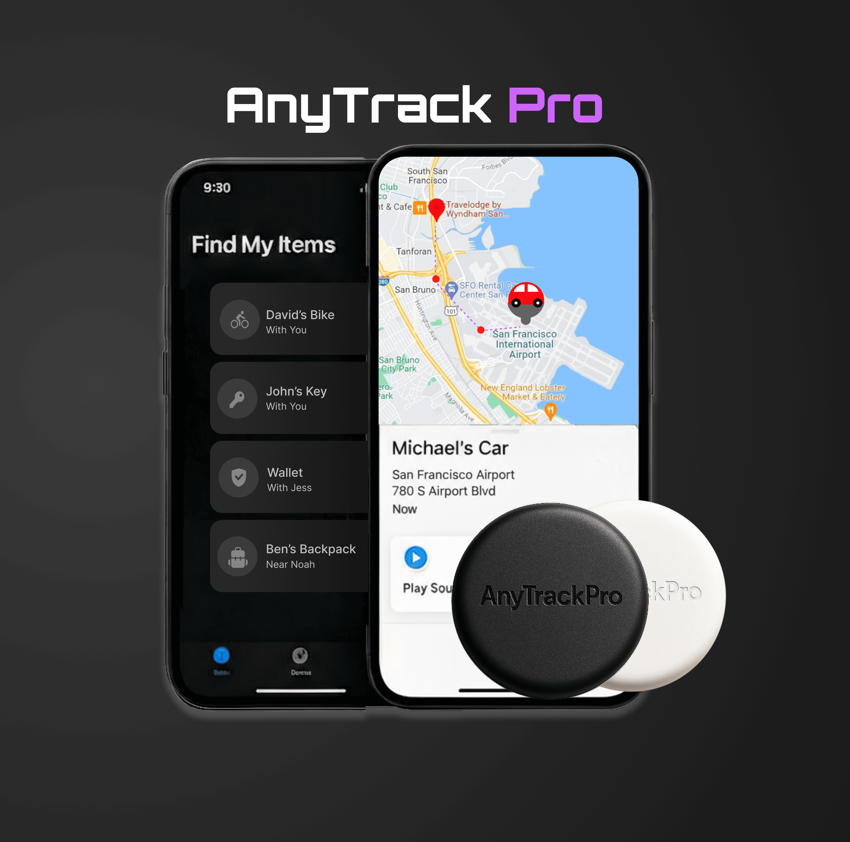AnyTrack Pro® Universal Real-time Car GPS Tracker with no monthly fees. Compact anti-theft security tracking device shown with compatible smartphone app interface and black/white colors.
