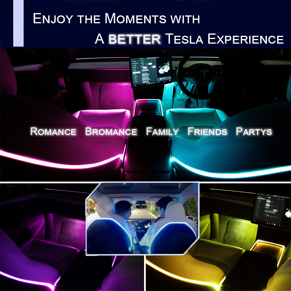 Add On Design - Tesla interior with RGB LED ambient lighting in purple, blue, and yellow colors.