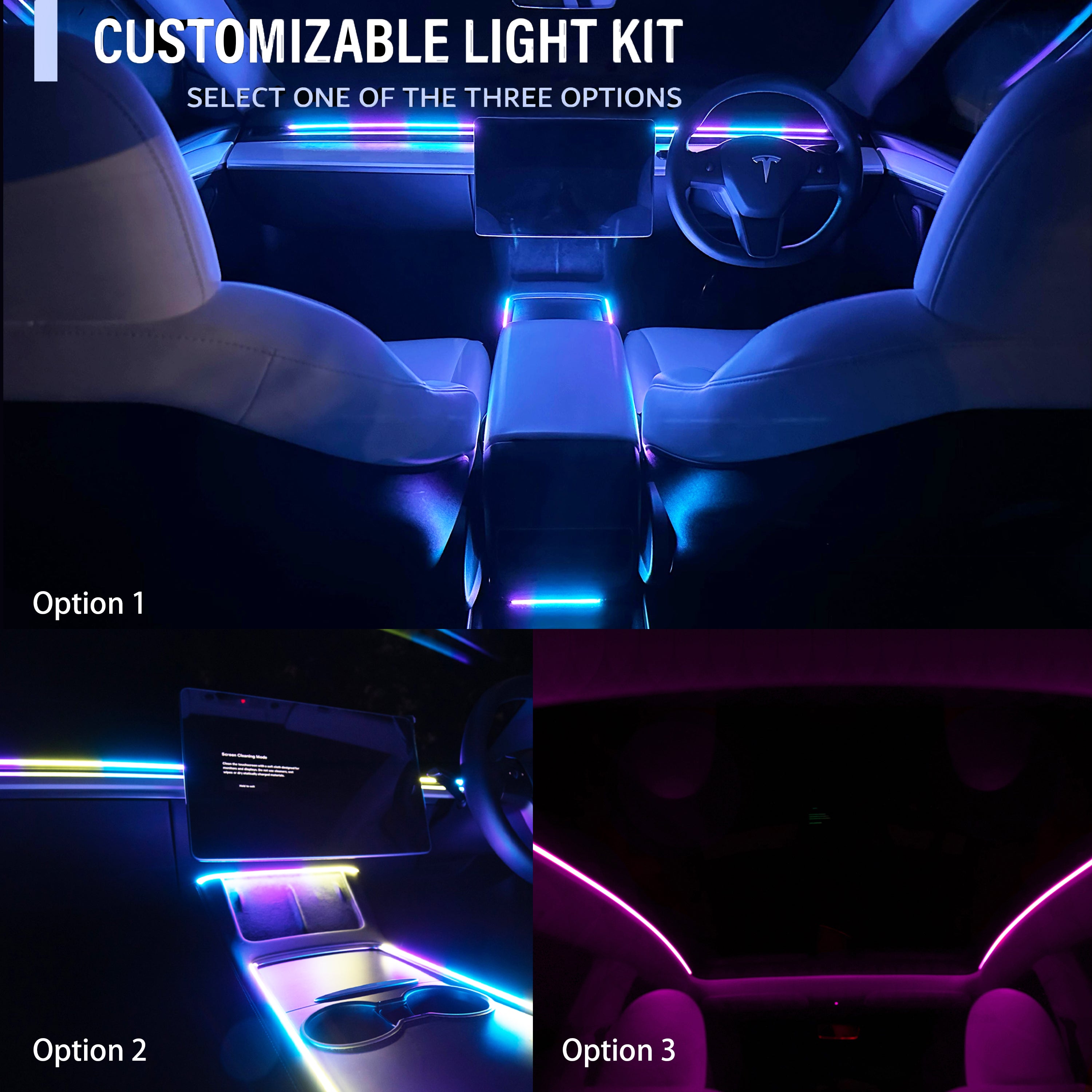 Customizable Tesla LED light kit with three installation options. Showcase of full-color dashboard, center console, and roof light strips for a complete cabin upgrade.