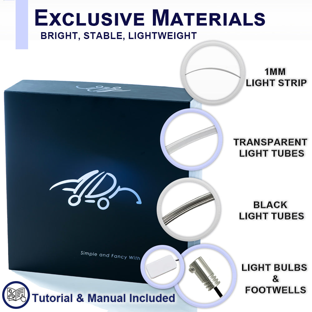 Add On Design - premium LED kit box with 1mm light strip, transparent and black light tubes, light bulbs and footwell accessories.
