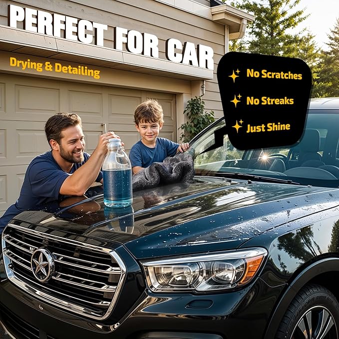 A father and son sharing family car care, safely drying a black luxury vehicle with the Add-On® 1200 GSM XL Car Drying Towel. Scratch-free, no streaks, just shine detailing.