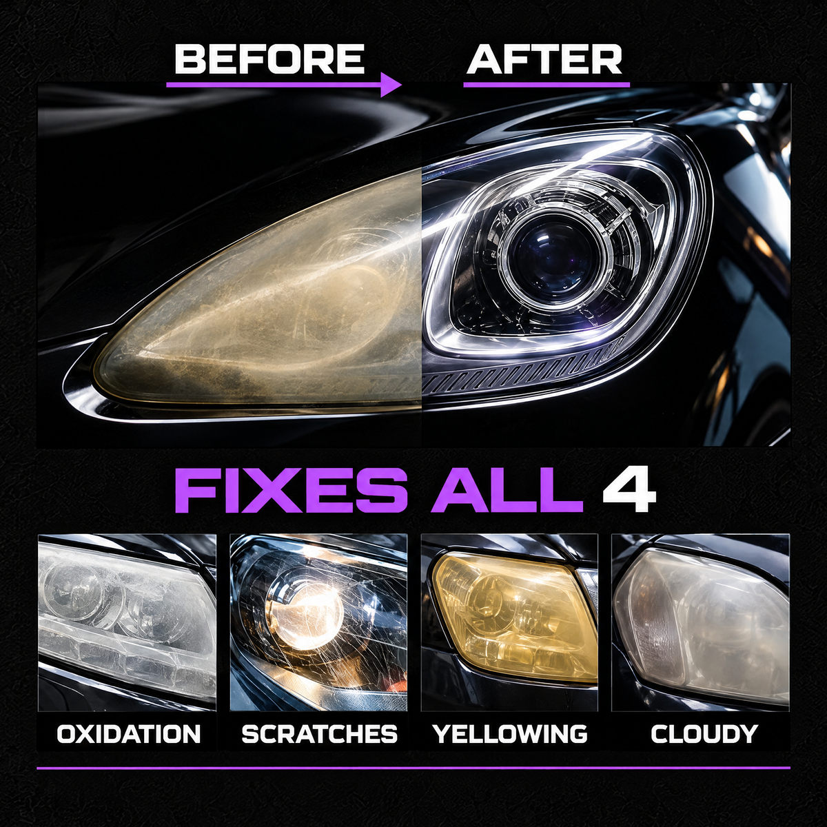 Before and after headlight restoration: yellowed, cloudy headlight lens restored to crystal clear with HeadlightGlow Pro