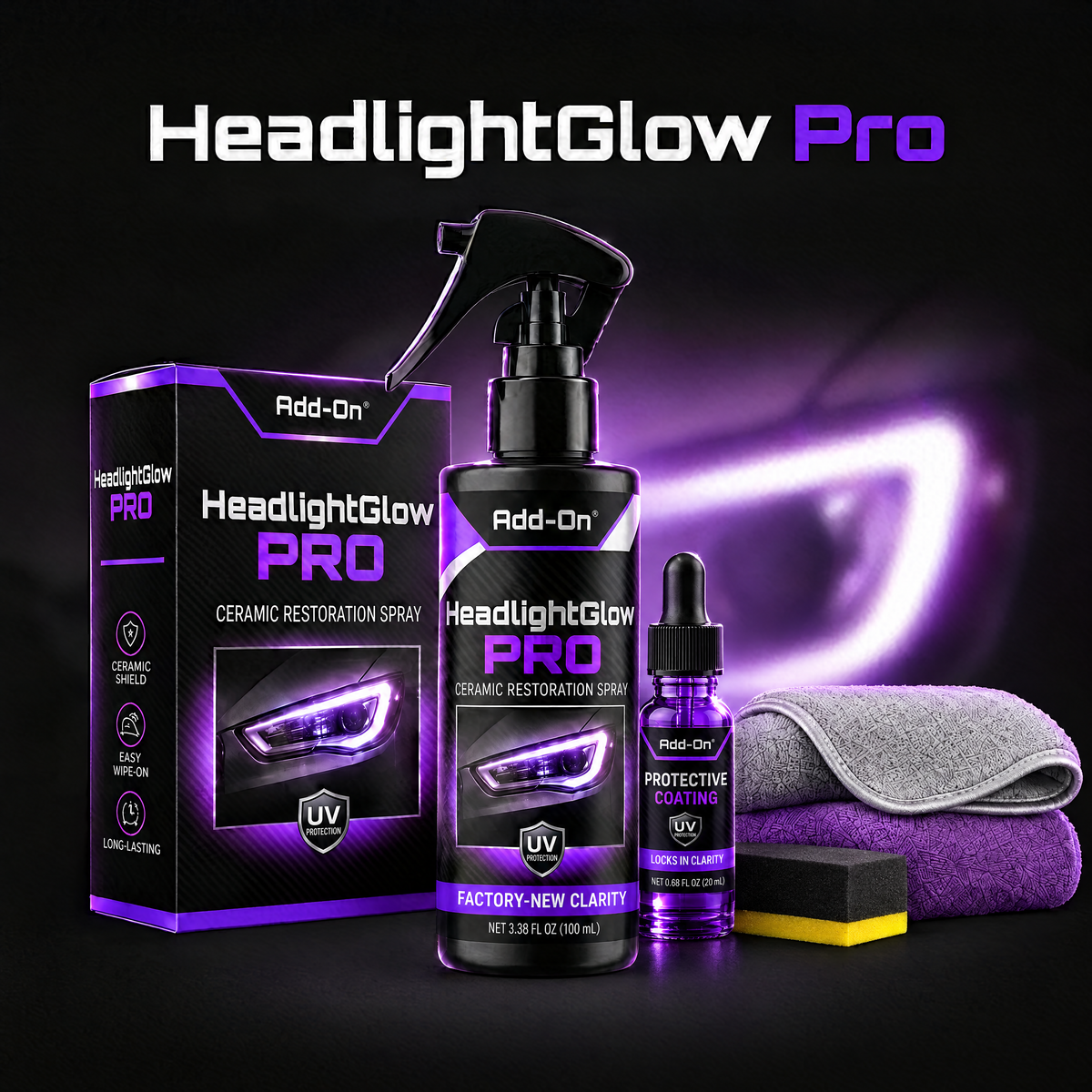 Add-On HeadlightGlow Pro headlight restoration kit with ceramic spray, protective coating, microfiber towel and applicator sponge