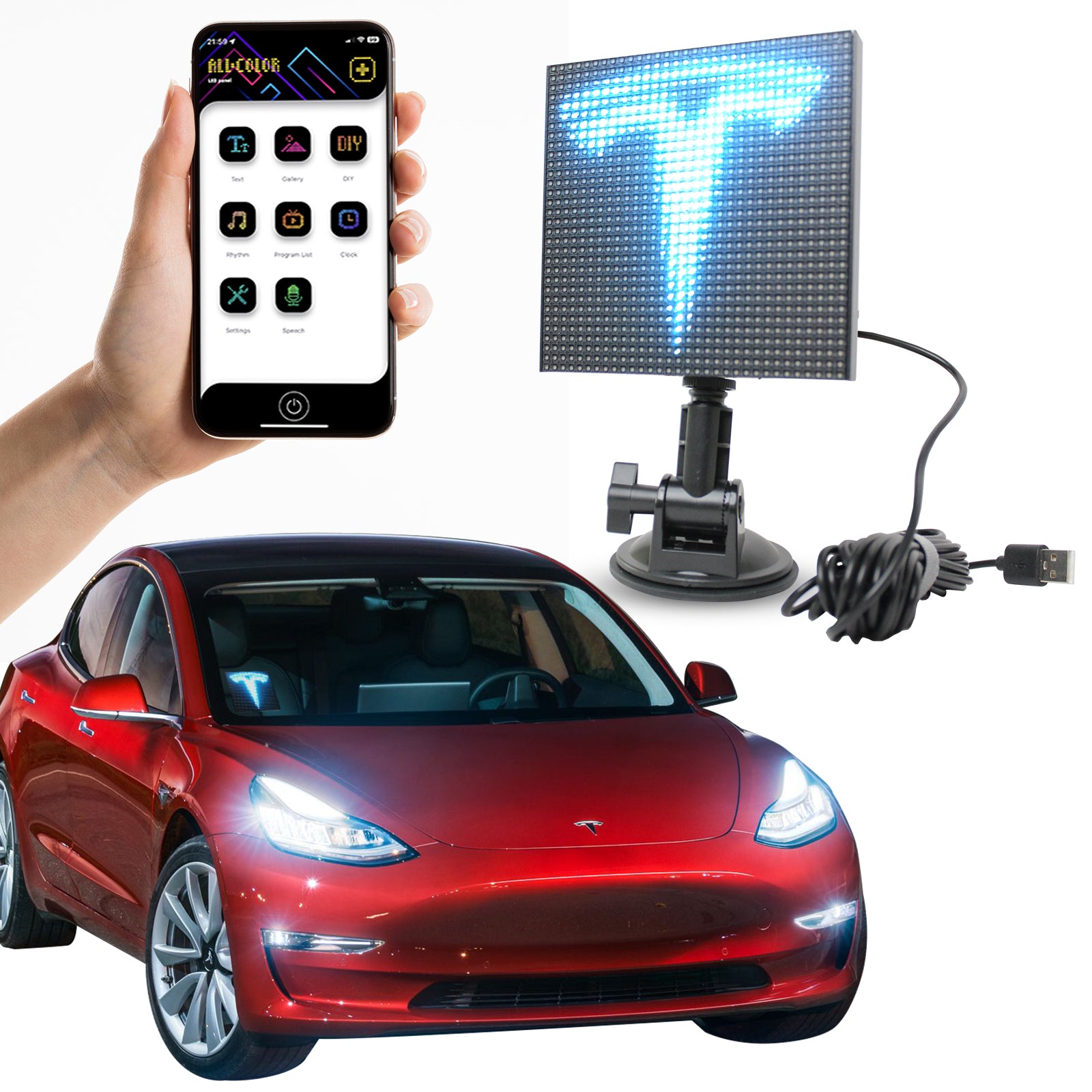 An LED sign display screen showing a car sign, with a phone app interface and a mounted display on a car's windshield.