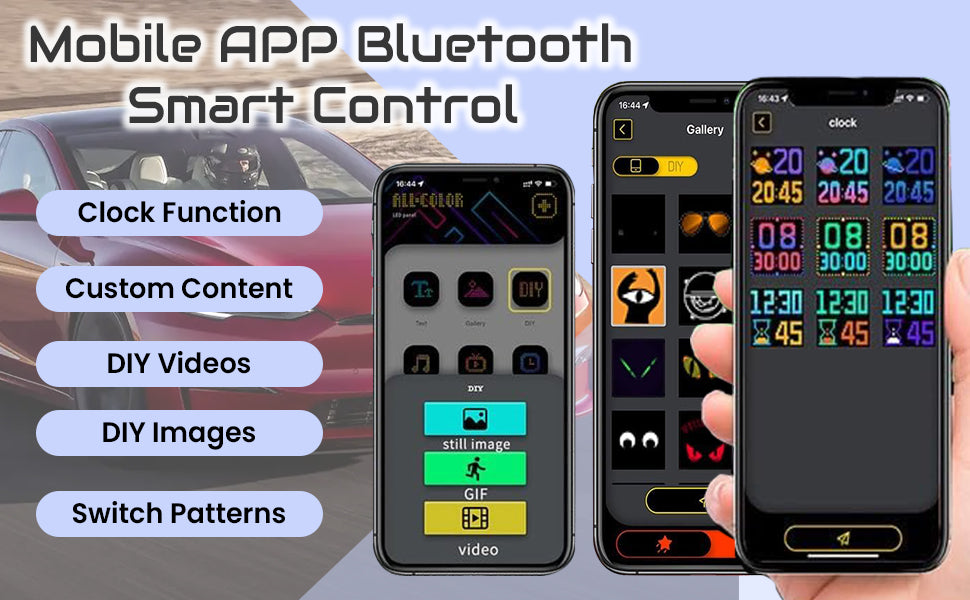 Mobile APP Bluetooth smart control for car LED display. Manage clock functions, DIY videos, images, and switch patterns wirelessly for the ultimate customized car accessory.