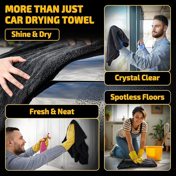 Multipurpose microfiber towel. More than just a car drying towel, showing uses for spotless cleaning and detailing on glass, floors, furniture, and any surface.