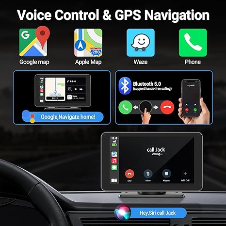 Hands-free voice control with Siri and Google Assistant on portable car screen. Real-time GPS navigation with Waze and Apple Maps via Bluetooth 5.0 for safe driving.