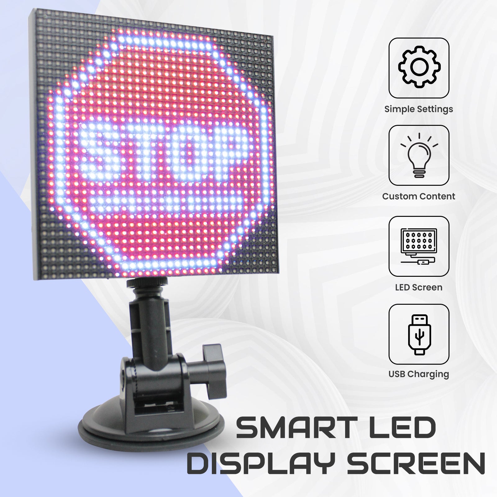 Smart LED display screen for cars with custom content and USB charging. Easily switch between patterns like a bright red STOP sign to communicate with other drivers.