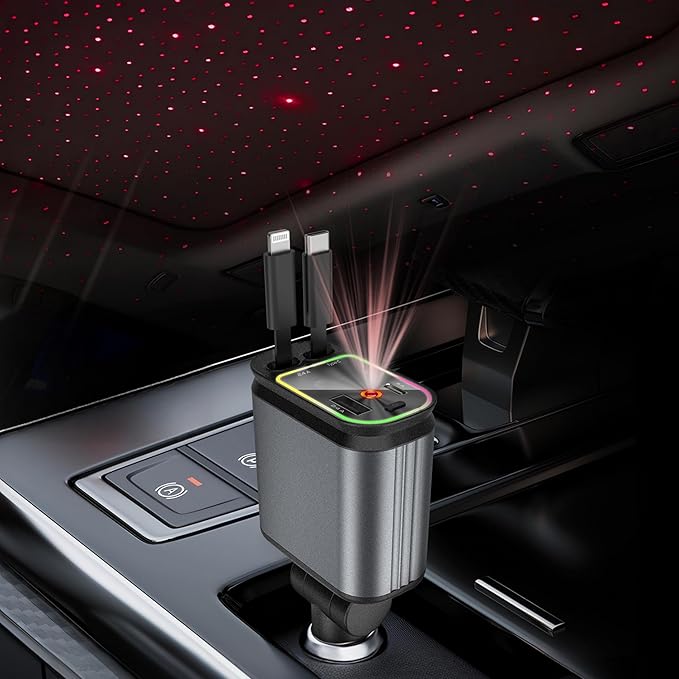 A retractable 4-in-1 car charger with celestial light effects, plugged into a car's dashboard, displaying its usage.