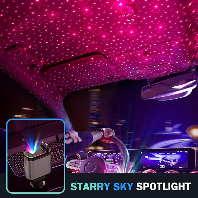 Starry sky spotlight car charger creates a romantic pink atmosphere inside the vehicle. Multi-device charging hub with built-in retractable cables for safer, organized driving at night.